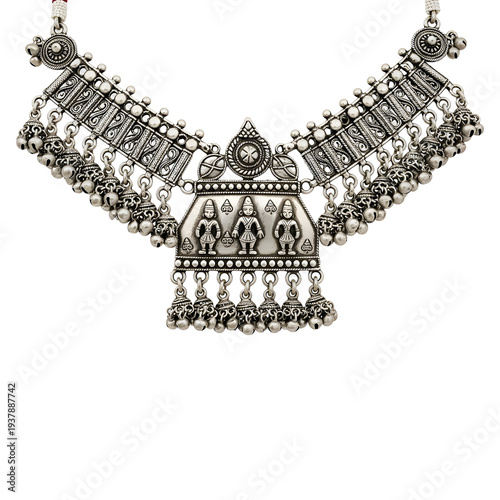 Vintage Oxidized Silver Tribal Necklace with Traditional Indian Figurine Motifs and Ghungroo Bell Charms