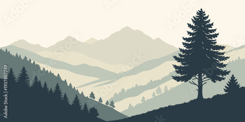 A serene mountain landscape with trees and a lake Vector