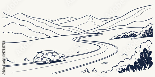 A car driving on a winding road through a mountainous landscape Vector