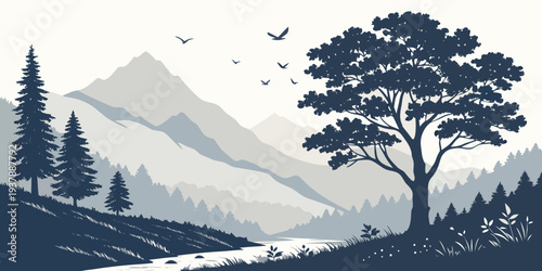 A mountain landscape with trees and a snow capped peak Vector