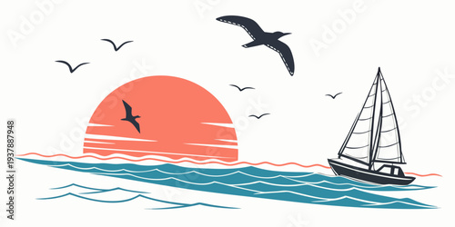 Seagulls flying over the ocean at sunset Vector