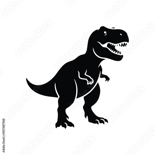 Black silhouette of a standing tyrannosaurus rex dinosaur with open mouth on white background