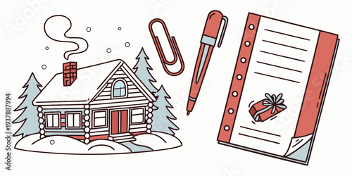 A small log cabin in the snow with a sled Vector