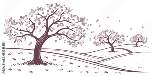 A tree with pink blossoms in an orchard Vector