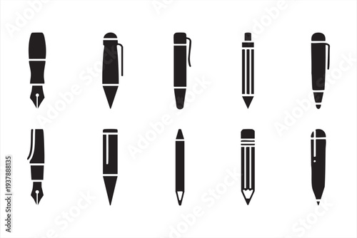 Writing Tool Silhouette Icons with Pens and Pencils for Education