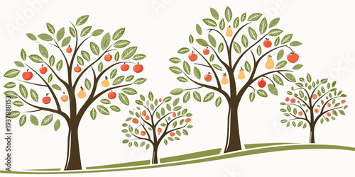 A group of trees with apples on a grassy field Vector
