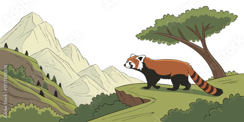 A red panda standing on a rocky outcrop Vector
