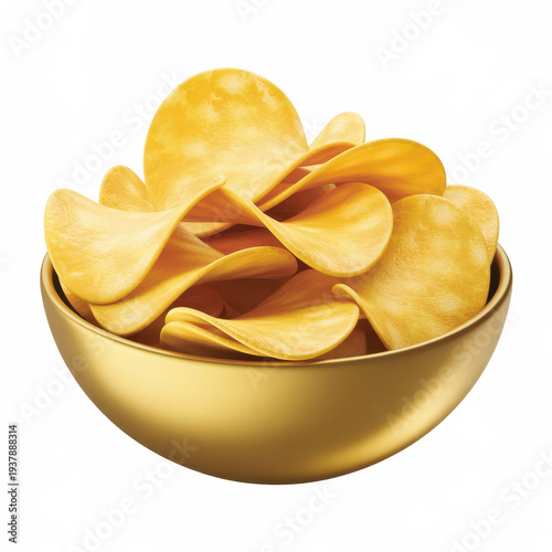 Golden bowl overflowing with potato chips snack food