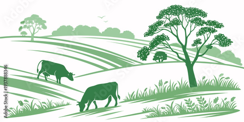 Cows grazing in a green field with trees Vector