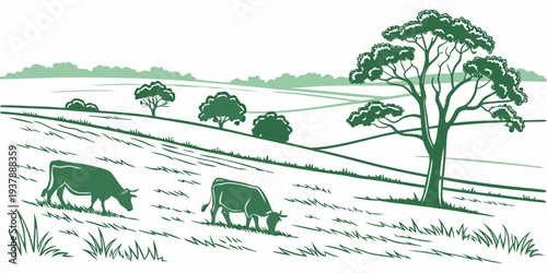 A green landscape with a cow grazing in a field Vector