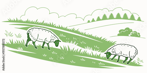 A green landscape with trees and sheep grazing Vector