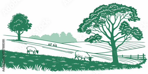 A green illustration of a rural landscape with trees and animals Vector