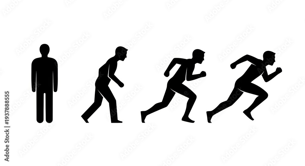 Fototapeta premium A person transitioning from standing to running, depicted in four silhouetted stages, from motionless to full sprint, showcasing human movement and action.