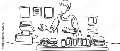 Carbonated drinks and sandwiches. Seller cashier of a restaurant in a street fast food cafe at work. Drinks and meals. One continuous drawing Editable stroke