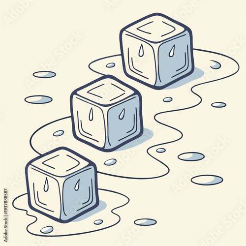 A cartoon image of three melting ice cubes with sad faces Vector