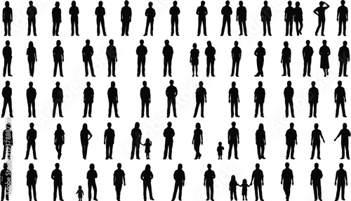 Grid of diverse human silhouettes featuring adults, children, and families in various poses, interactions, and demographic diversity arranged in organized rows