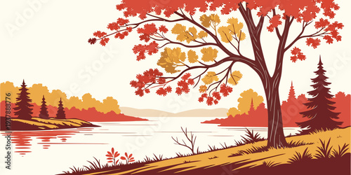 A tree with orange leaves on the shore of a lake Vector