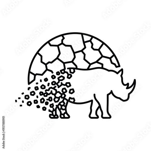 Rhino pushing cracked earth globe with dirt and debris spilling out symbolizing environmental damage and conservation concept