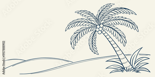 A blue and white drawing of a palm tree on a sandy beach Vector