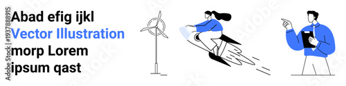 Renewable energy, sustainability, innovation, leadership, futuristic technology, environmental protection. Person interacting with a wind turbine, flying individual, and a leader sharing ideas