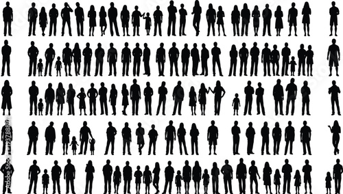 Collection of diverse human silhouettes depicting families, adults, and children in various poses, social interactions, and demographic diversity isolated on white background