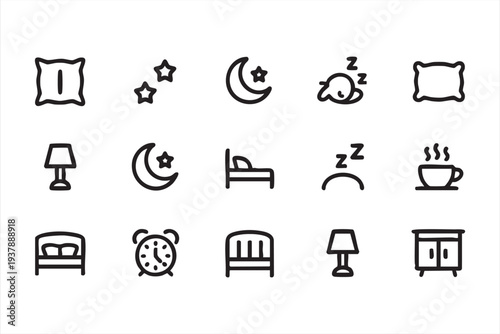 Nighttime Rest and Bedroom Essentials Line Icons for Lifestyle Graphics