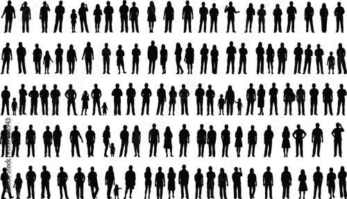 Grid of diverse human silhouettes showing adults, children, and families in various poses, interactions, and demographic diversity isolated on white background