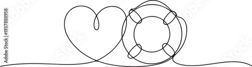 Continuous drawing of one line of an heart a lifebuoy. Business concept. Editable stroke