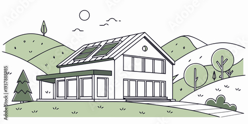 A white house with solar panels on the roof Vector