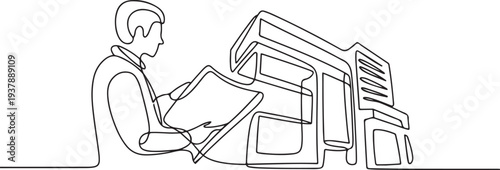 Continuous line design of the architect observes the structure of the building. Single line decorative element drawn. Editable stroke