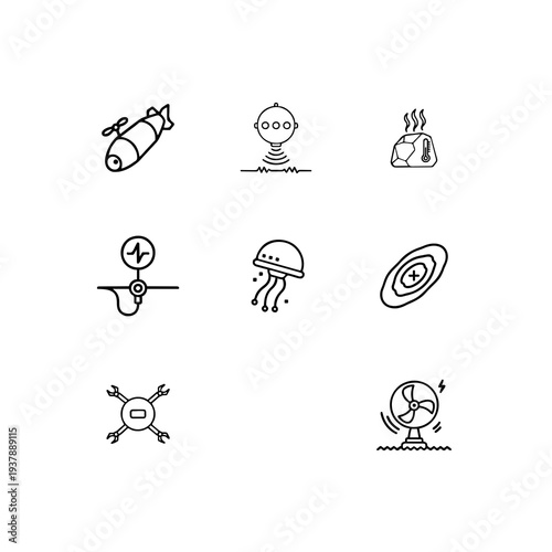 Deep sea exploration and subsea technology linear icon set, autonomous underwater vehicle (AUV), seafloor mapping and marine research vector symbols