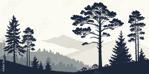 A serene forest landscape with trees and mountains Vector