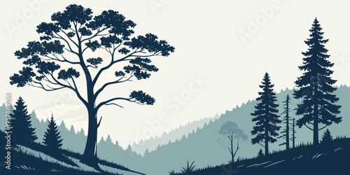 A serene landscape with trees and mountains in the background Vector