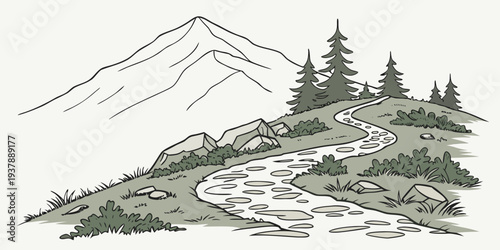 A winding road through a mountainous landscape with trees Vector