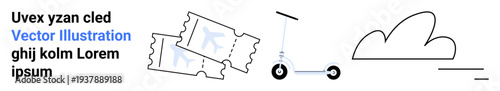 Transportation, commuting, mobility, recreation, tickets, eco-friendly transport. Minimal line art of two tickets, an electric scooter and a cloud. Transportation and commuting concepts