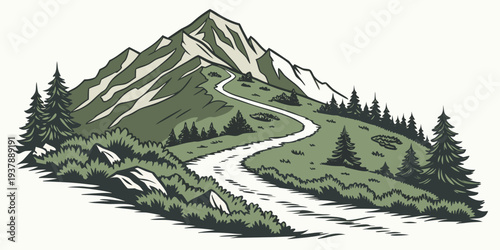 A serene mountain landscape with a winding river Vector