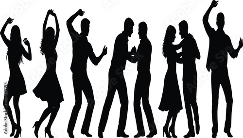 Silhouette illustration of dancing couples and solo performers showing rhythm, movement, and social interaction with men and women in stylish attire