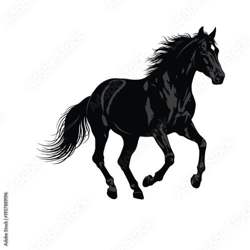 Black horse silhouette running freely on white background dynamic illustration of equine motion and energy