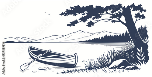 A small boat is sitting on the shore of a lake Vector