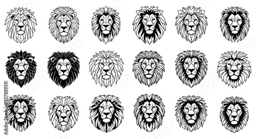 Collection of 20 unique lion head illustrations in various line art styles and shading on white background