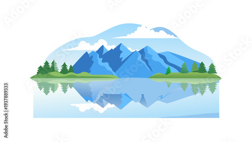 A serene mountain landscape with a lake and trees Vector