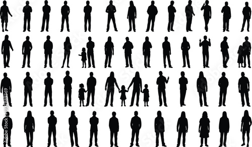 Grid of human silhouettes featuring adults, children, and families in diverse poses and interactions representing demographic diversity and social behavior