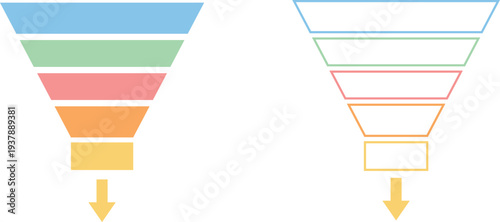 Colorful marketing funnel infographic template with outline and filled shapes isolated on transparent background