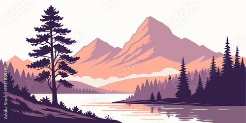 A serene mountain landscape with a lake and trees Vector
