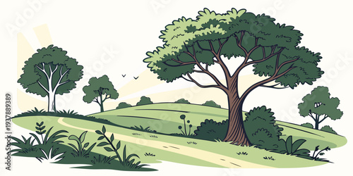 A pixelated image of a green landscape with trees and a dirt path Vector