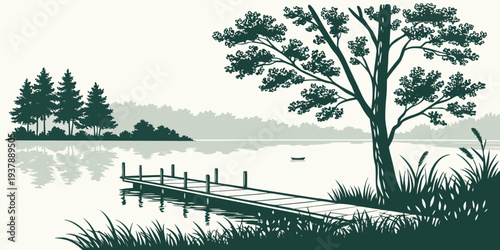 A serene lake scene with a tree and a dock Vector