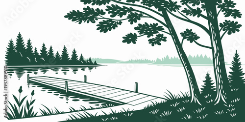 A serene lake scene with a tree and a dock Vector
