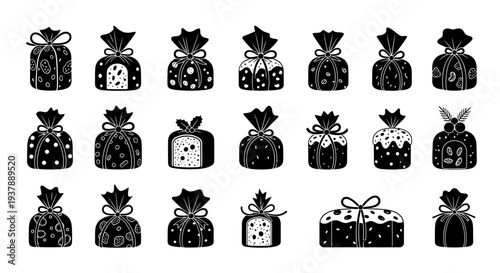 Black and white gift bags with ribbons and bows on a white background for christmas or holiday designs