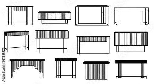 Detailed technical drawings of various reception desk designs and layouts in black and white