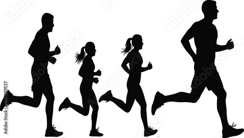 Silhouette illustration of family running together showing adults and children in motion representing fitness, health, exercise, and active lifestyle bonding